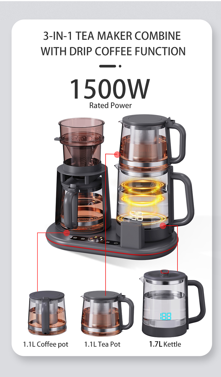 ドリップコーヒー機能を組み合わせた3-in-1ティーメーカー