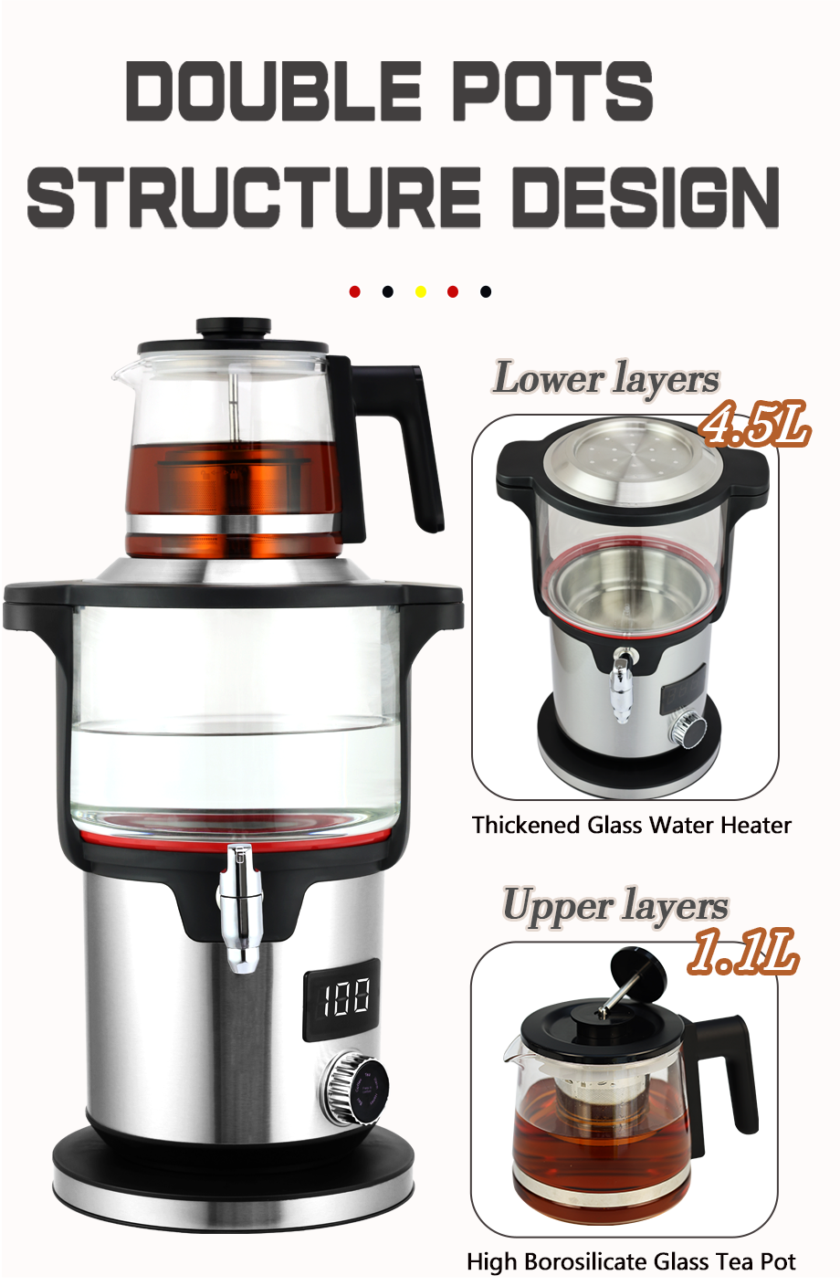 電気および家庭用電化製品 4.5L +1.1L デジタル電気ダブルティーメーカーサモワールロシアガラスティーポット