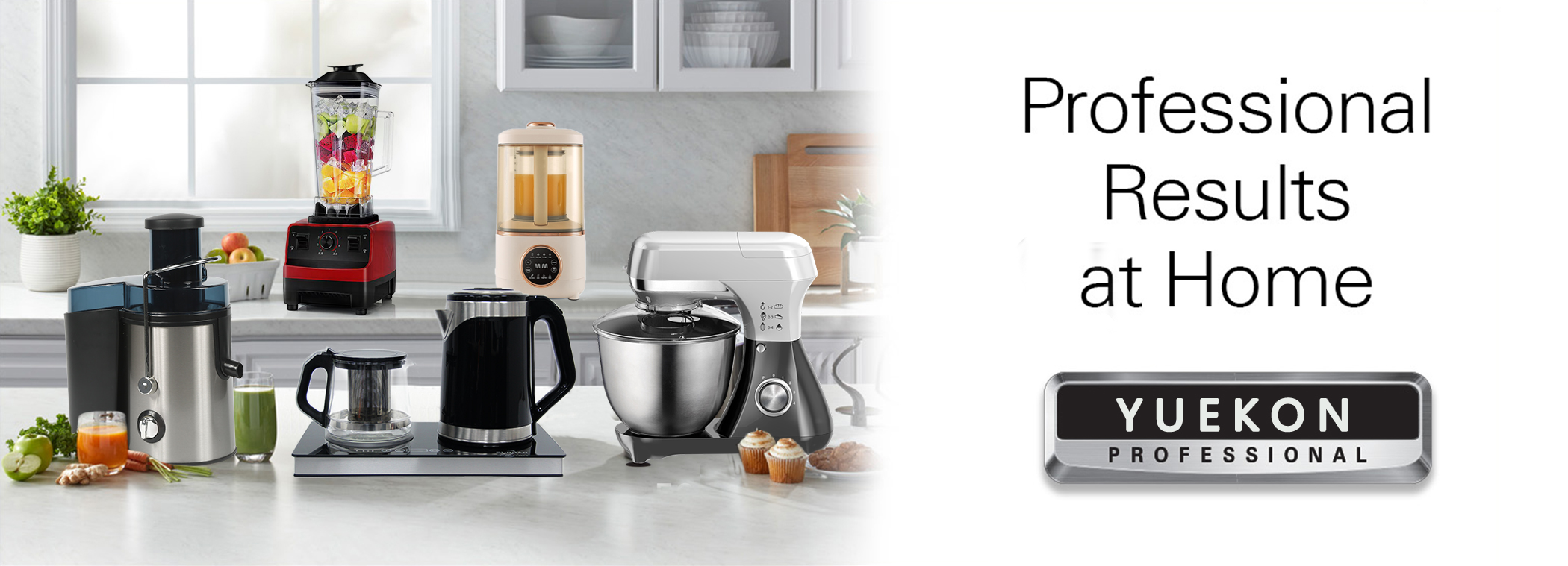 「Professional Results at Home」と「YUEKON PROFESSIONAL」というテキストが入った画像は、プロフェッショナル品質の家電製品を提供するという Zhongshan Yuekon Electrical Appliances Co., Limited の取り組みを表しています。