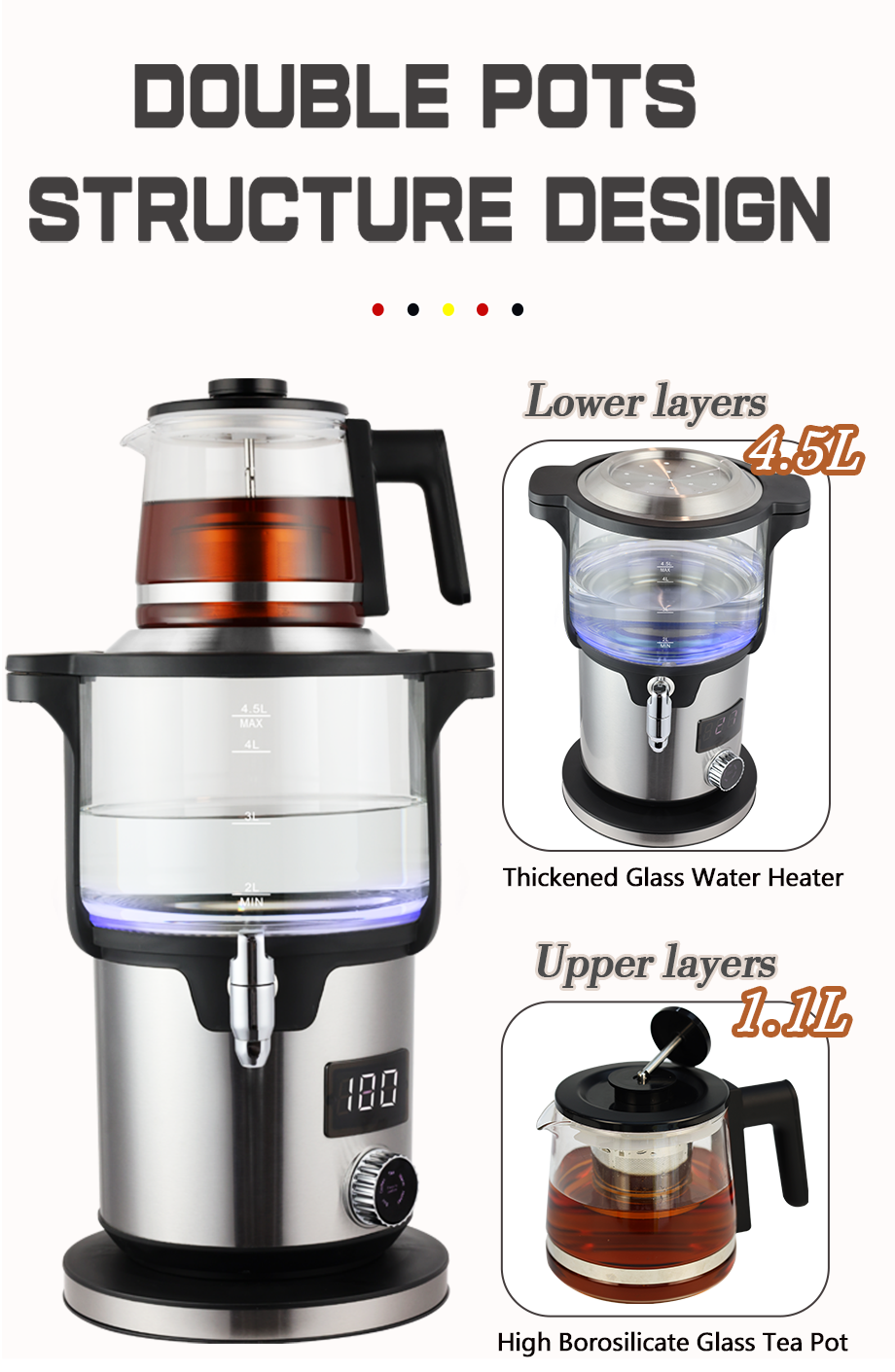 4.5 + 1.1L スマート二重層ティーメーカーマシン 2000 ワット家庭用ノブトルコティーケトル電気コードレスケトル沸騰水用