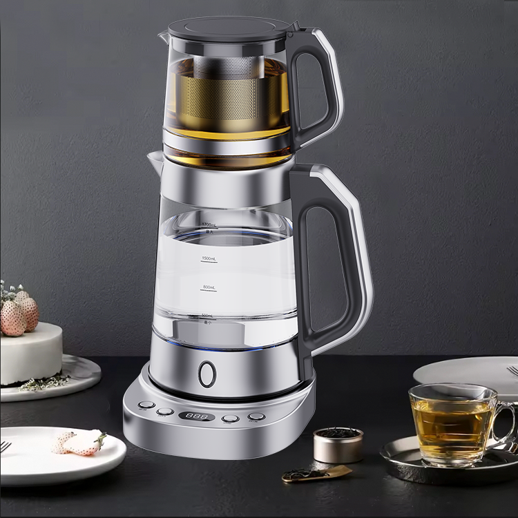 ホット販売 1.7 L 電気トルコサモワール二重ガラスティーメーカーガラスティーポットセット電気ガラスケトル 