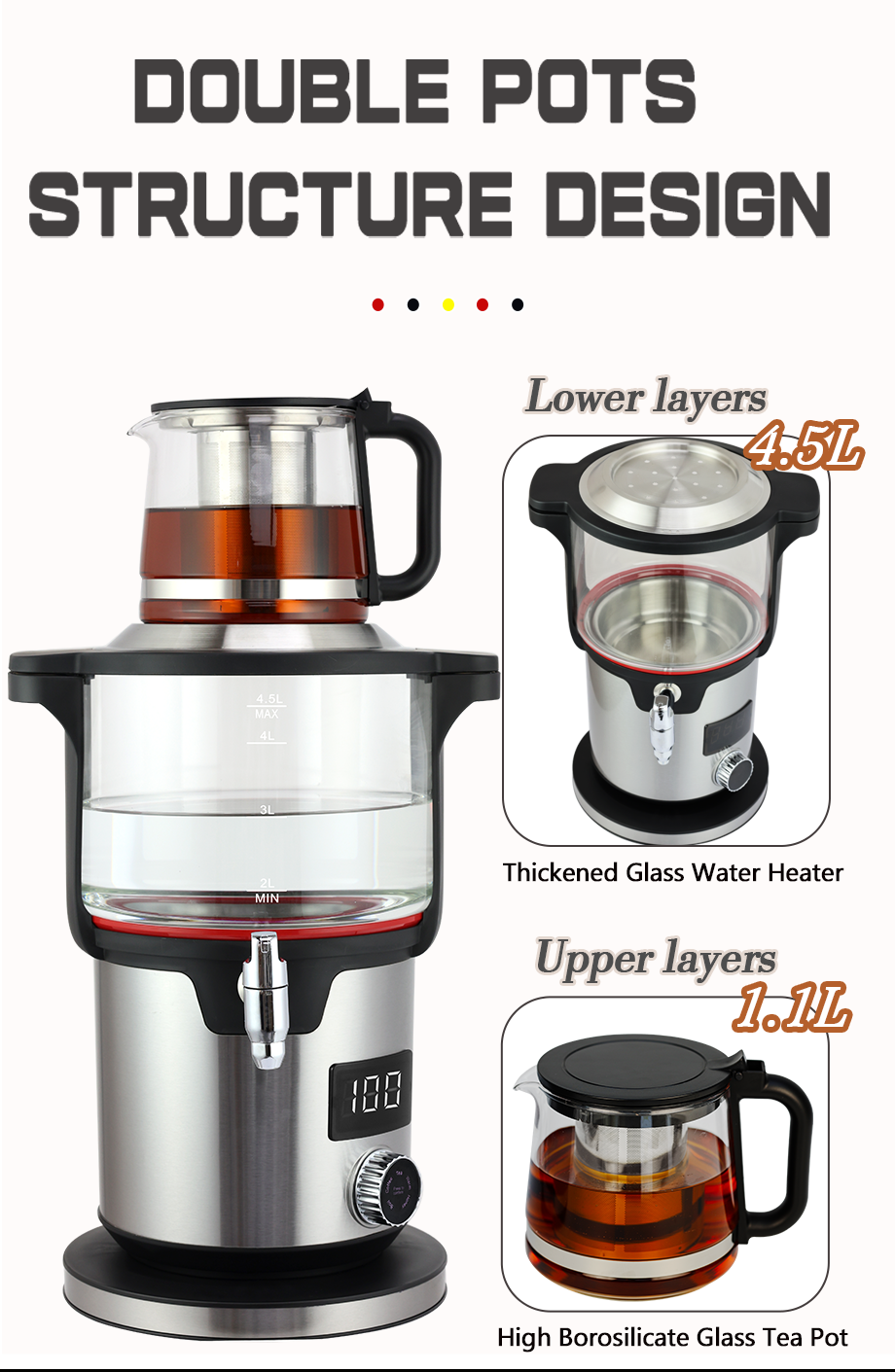 中東アラビア透明給湯器温度制御ベースサモワールダブルティーメーカーと注入口付きトルコティーメーカー