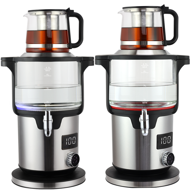 中東アラビア透明給湯器温度制御ベースサモワールダブルティーメーカーと注入口付きトルコティーメーカー